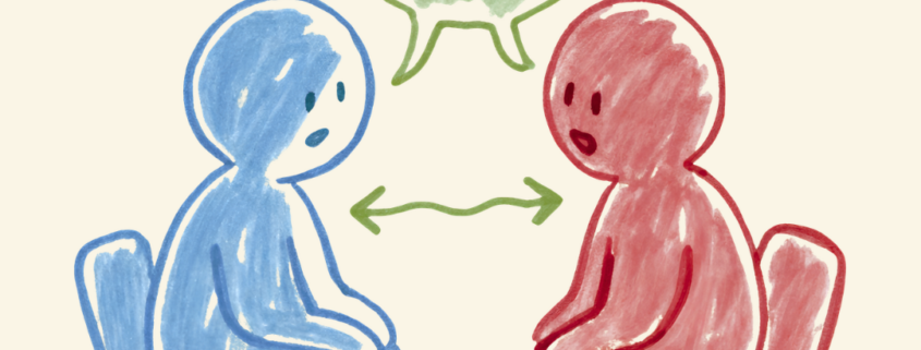 Zwei Comic-Personen sitzen sich auf Stühle gegenüber. Die eine ist mit rot und die andere mit blau gezeichnet. Zwischen ihnen ist eine grüne Sprechblase sowie ein Pfeil der auf beide zeigt.