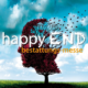 Titelbild der happy END Bestattungsmesse. Baum auf Feld mit Krone in Form eines Kopfes. Blätter werden aus der Krone geweht.