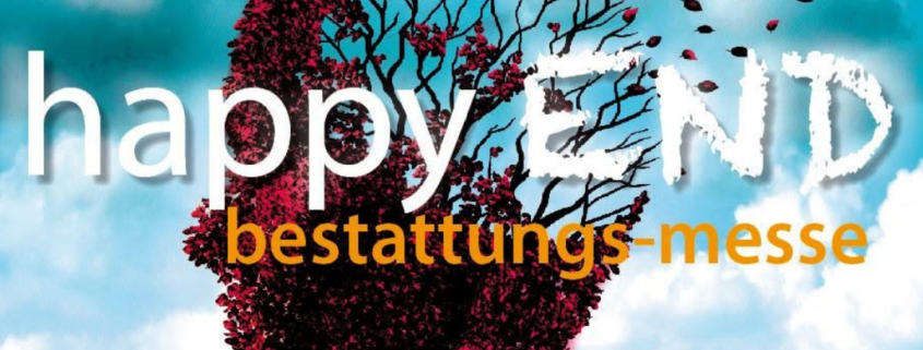 Titelbild der happy END Bestattungsmesse. Baum auf Feld mit Krone in Form eines Kopfes. Blätter werden aus der Krone geweht.