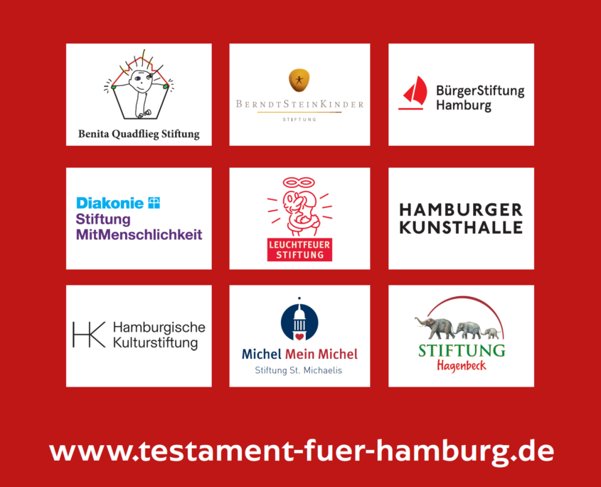 Logos der neun Stiftungen und Organisationen des Bündnissen "Mein Testament für Hamburg".