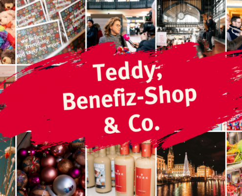 Eine Kollage zeigt Bilder der unterschiedlichen Benefiz-Aktionen von Hamburg Leuchtfeuer in den vergangenen Jahren, darunter die Teddy-Aktion am Hauptbahnhof, den Benefiz-Shop und die Galerie im Levantehaus sowie den Hamburger Kalender.