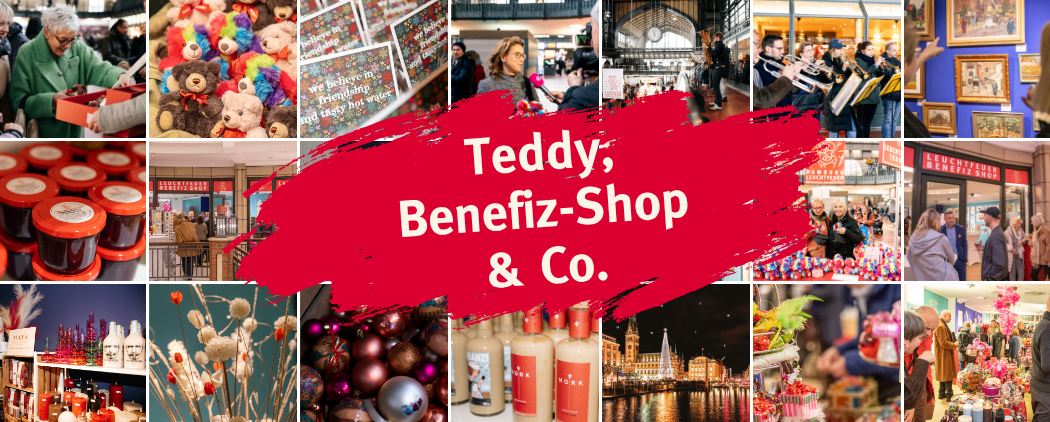 Eine Kollage zeigt Bilder der unterschiedlichen Benefiz-Aktionen von Hamburg Leuchtfeuer in den vergangenen Jahren, darunter die Teddy-Aktion am Hauptbahnhof, den Benefiz-Shop und die Galerie im Levantehaus sowie den Hamburger Kalender.
